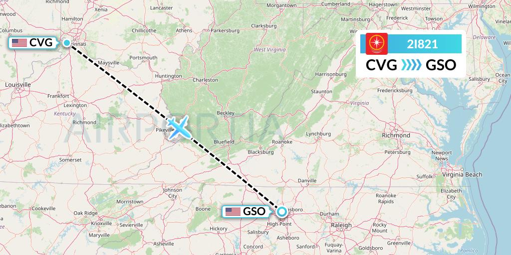 2I821 Star Peru Flight Map: Cincinnati to Greensboro