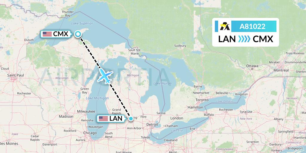 A81022 Aerolink Uganda Flight Map: Lansing to Hancock