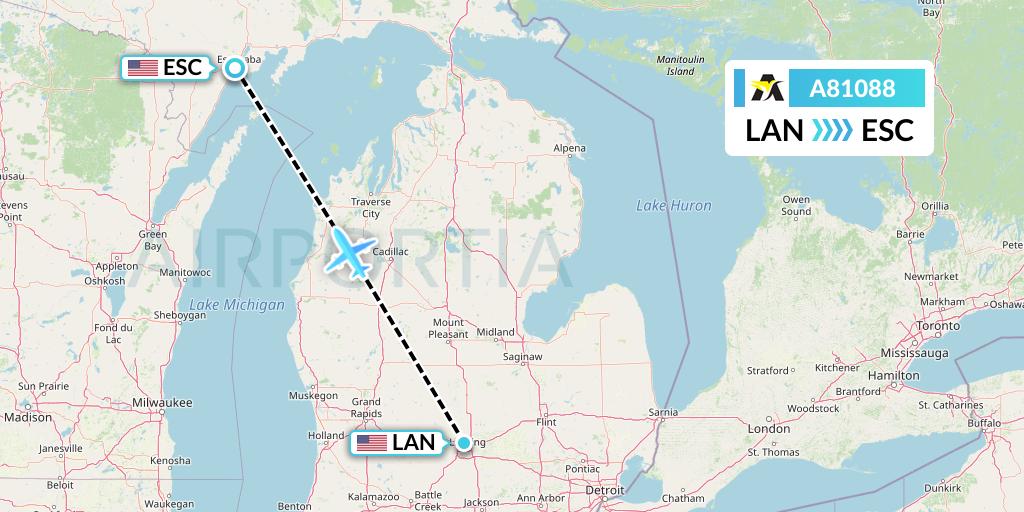 A81088 Aerolink Uganda Flight Map: Lansing to Escanaba