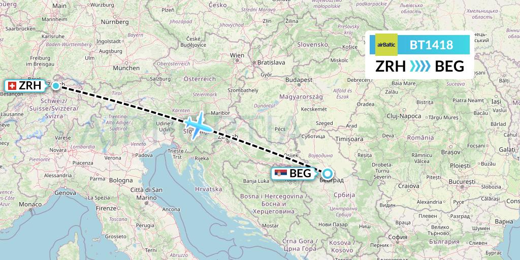 BT1418 Air Baltic Flight Map: Zurich to Belgrade