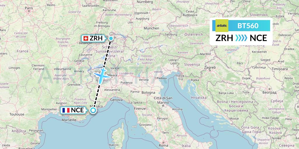BT560 Air Baltic Flight Map: Zurich to Nice
