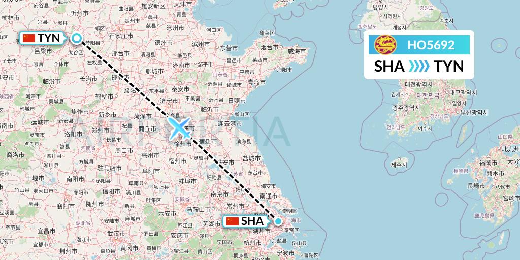 HO5692 Juneyao Airlines Flight Map: Shanghai to Taiyuan