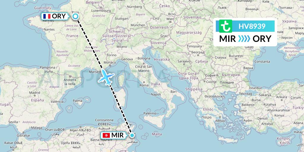 HV8939 Transavia Flight Map: Monastir to Paris