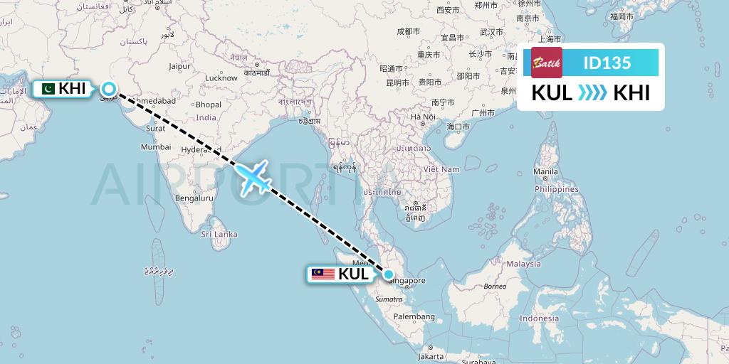 ID135 Batik Air Flight Map: Kuala Lumpur to Karachi