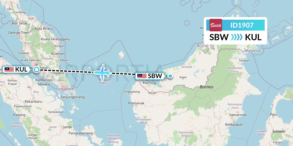 ID1907 Batik Air Flight Map: Sibu to Kuala Lumpur