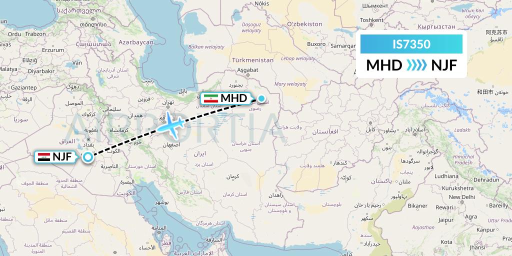 IS7350 Sepehran Airlines Flight Map: Mashhad to Najaf