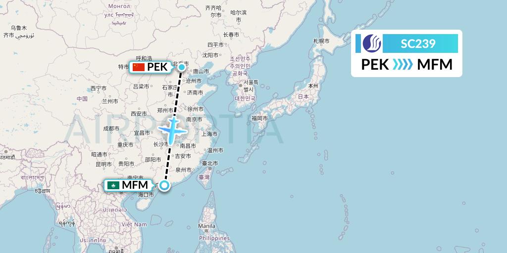 SC239 Shandong Airlines Flight Map: Beijing to Macau