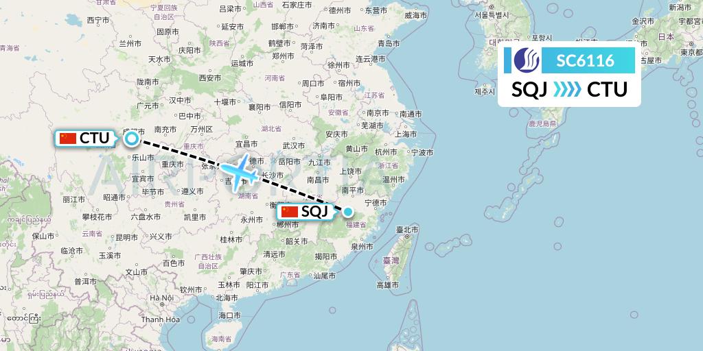 SC6116 Shandong Airlines Flight Map: Fuzhou to Chengdu