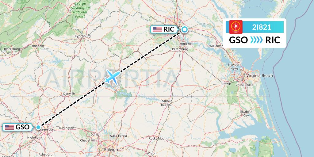 2I821 Star Peru Flight Map: Greensboro to Richmond