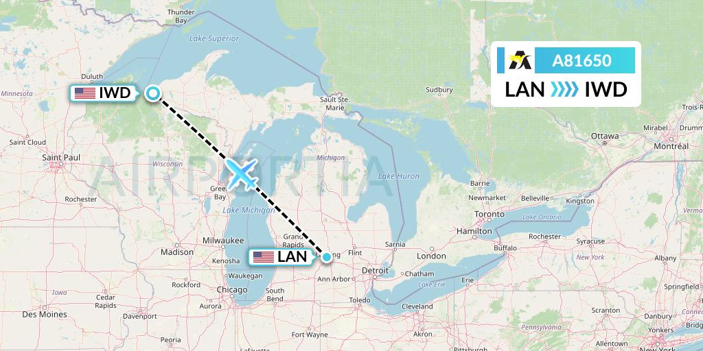 A81650 Aerolink Uganda Flight Map: Lansing to Ironwood