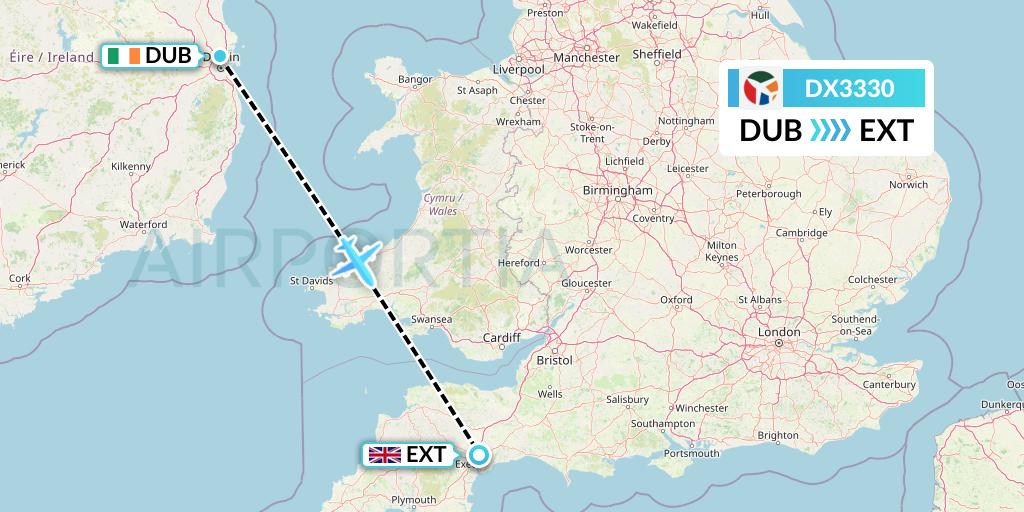 DX3330 Danish Air Transport Flight Map: Dublin to Exeter
