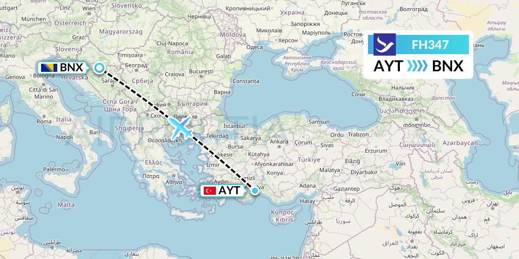 FH347 Freebird Airlines Flight Map: Antalya to Banja Luka