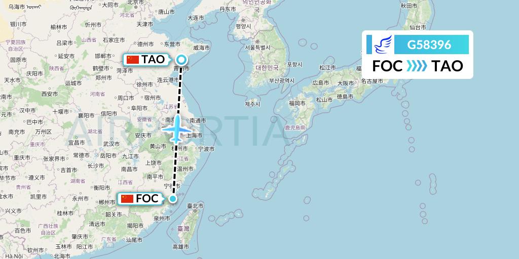 G58396 China Express Airlines Flight Map: Fuzhou to Qingdao