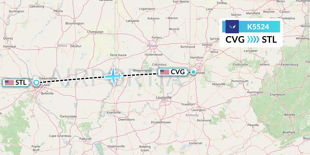 K5524 SeaPort Airlines Flight Map: Cincinnati to St. Louis