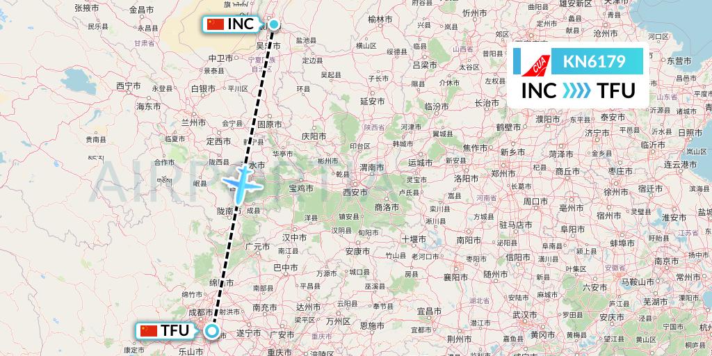 KN6179 China United Airlines Flight Map: Yinchuan to Chengdu