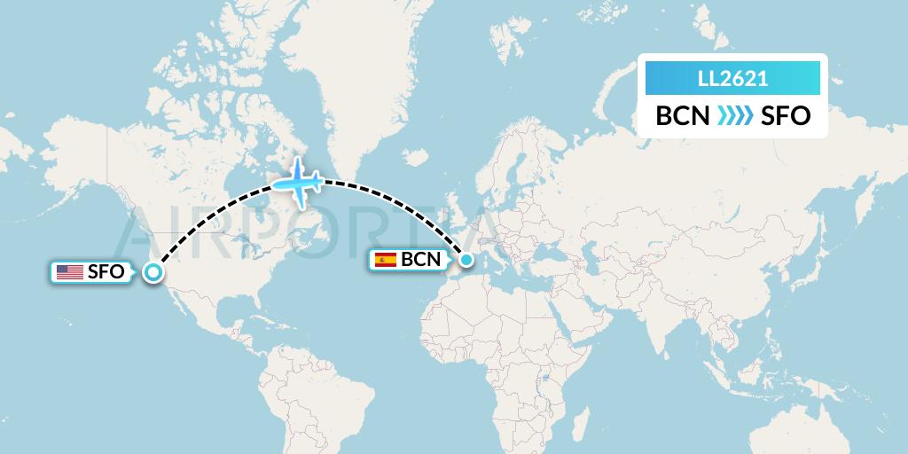 LL2621 Miami Air International Flight Map: Barcelona to San Francisco