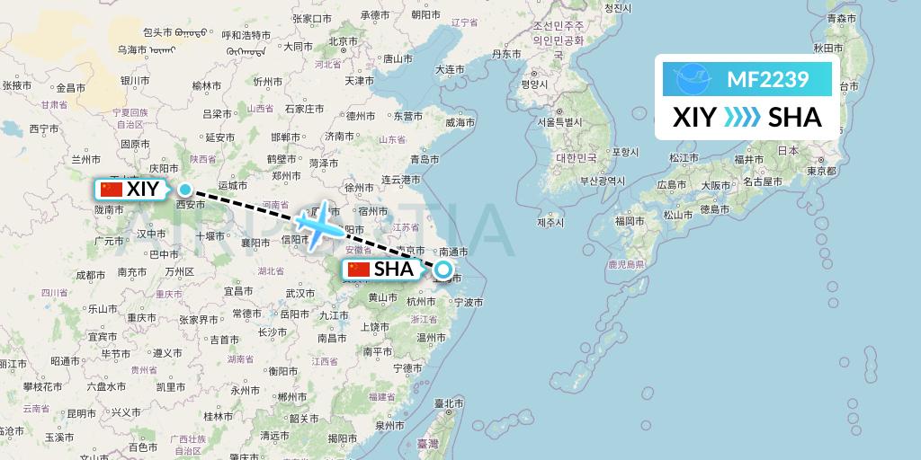 MF2239 Xiamen Airlines Flight Map: Xi'an to Shanghai