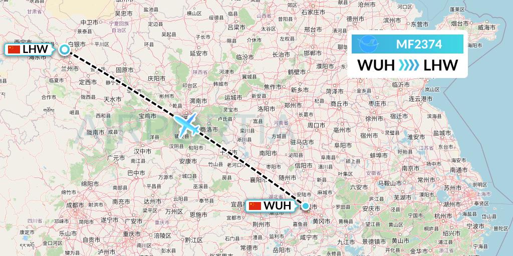 MF2374 Xiamen Airlines Flight Map: Wuhan to Lanzhou