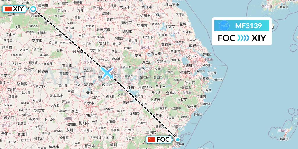 MF3139 Xiamen Airlines Flight Map: Fuzhou to Xi'an