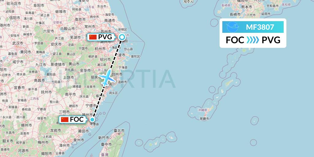 MF3807 Xiamen Airlines Flight Map: Fuzhou to Shanghai