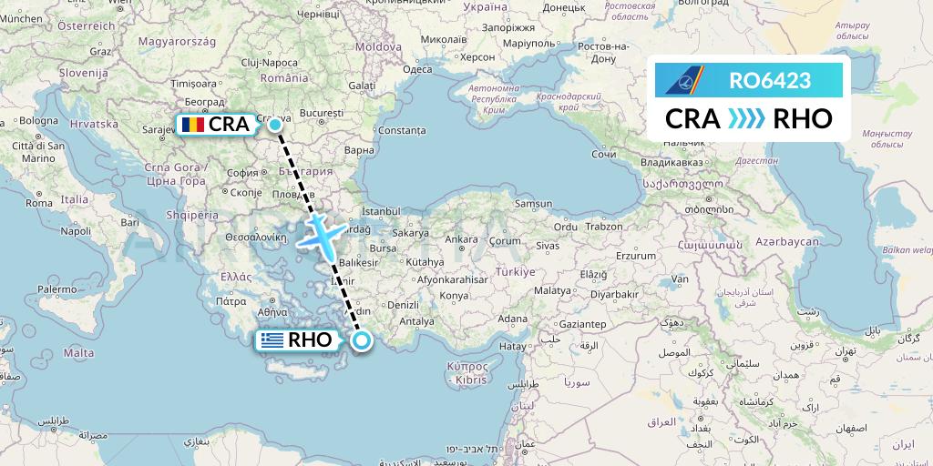 RO6423 Tarom Flight Map: Craiova to Rhodes