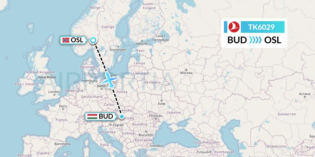 TK6029 Turkish Airlines Flight Map: Budapest to Oslo