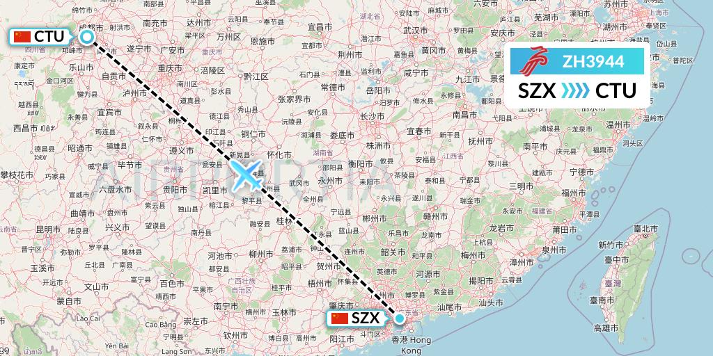ZH3944 Shenzhen Airlines Flight Map: Shenzhen to Chengdu