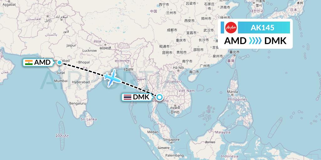 AK145 AirAsia Flight Map: Ahmedabad to Bangkok
