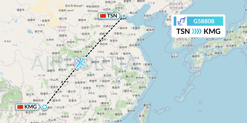 G58808 China Express Airlines Flight Map: Tianjin to Kunming
