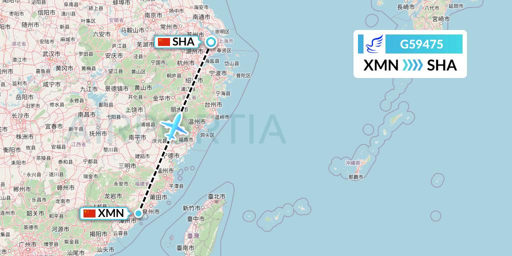 G59475 China Express Airlines Flight Map: Xiamen to Shanghai