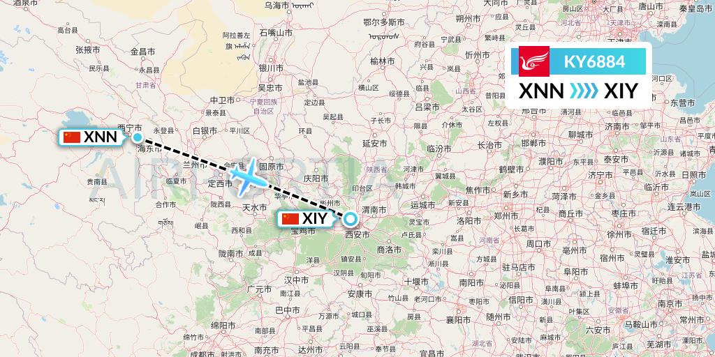 KY6884 Kunming Airlines Flight Map: Xining to Xi'an