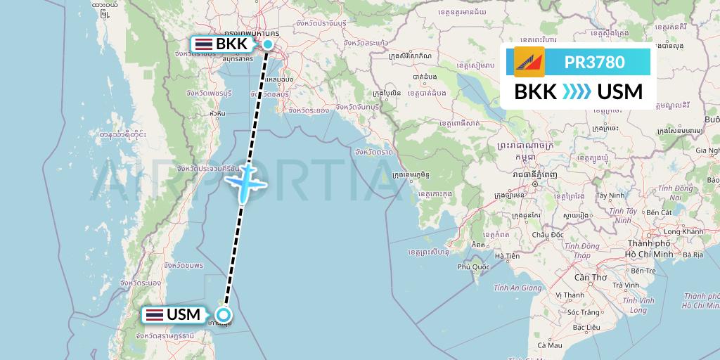 PR3780 Philippine Airlines Flight Map: Bangkok to Koh Samui