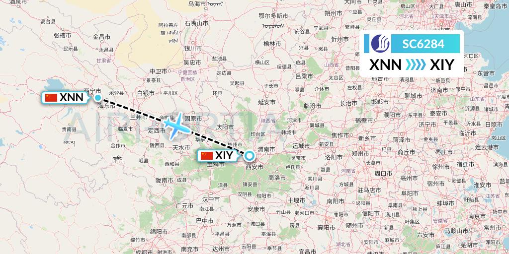 SC6284 Shandong Airlines Flight Map: Xining to Xi'an