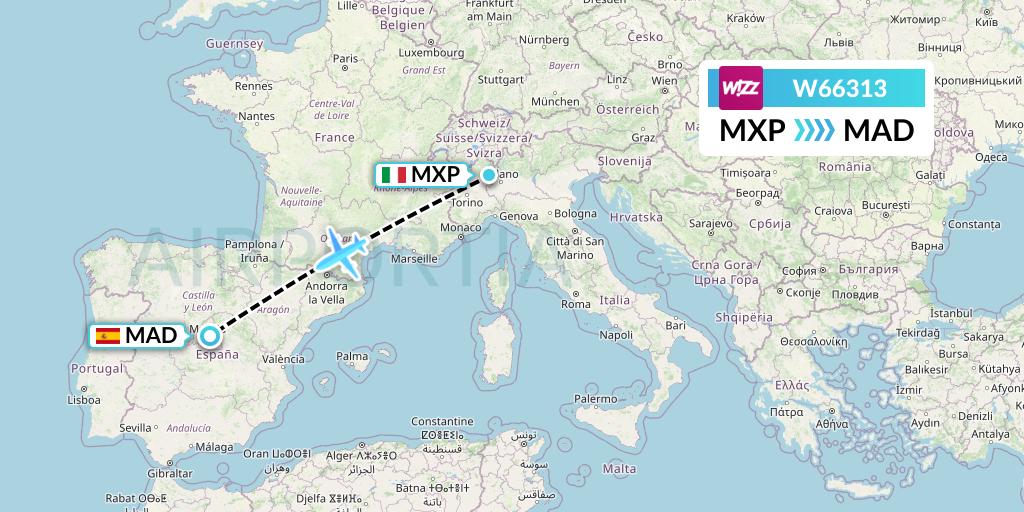 W66313 Wizz Air Flight Map: Milan to Madrid