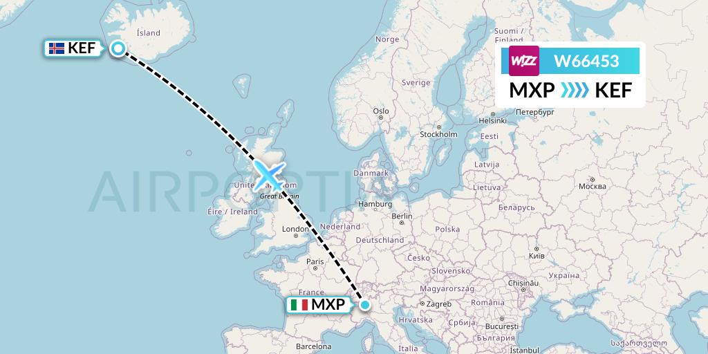 W66453 Wizz Air Flight Map: Milan to Reykjavik