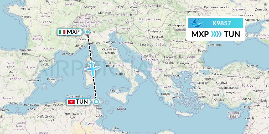 X9857 Avion Express Flight Map: Milan to Tunis