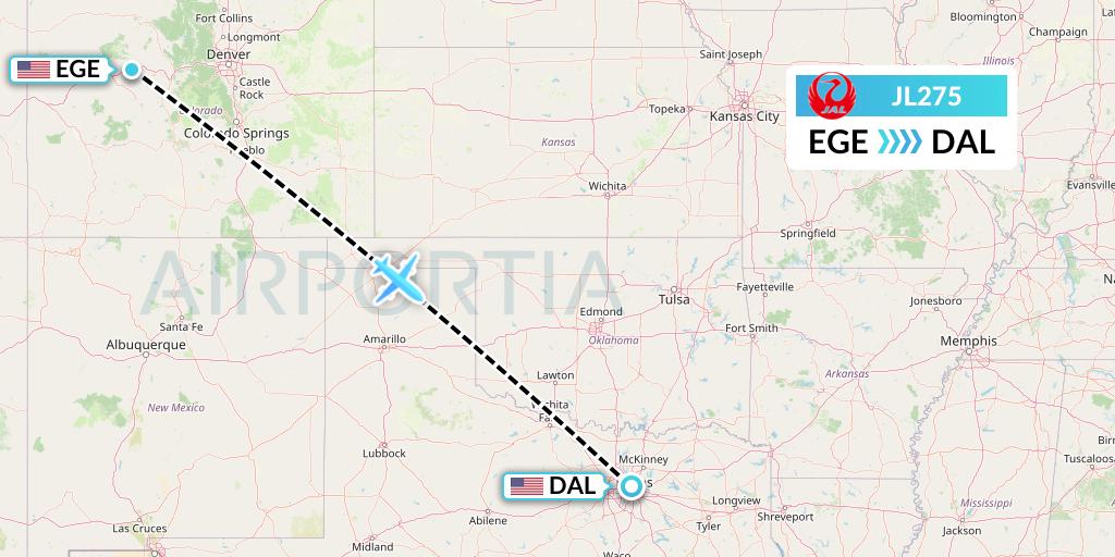 JL275 Japan Airlines Flight Map: Eagle to Dallas