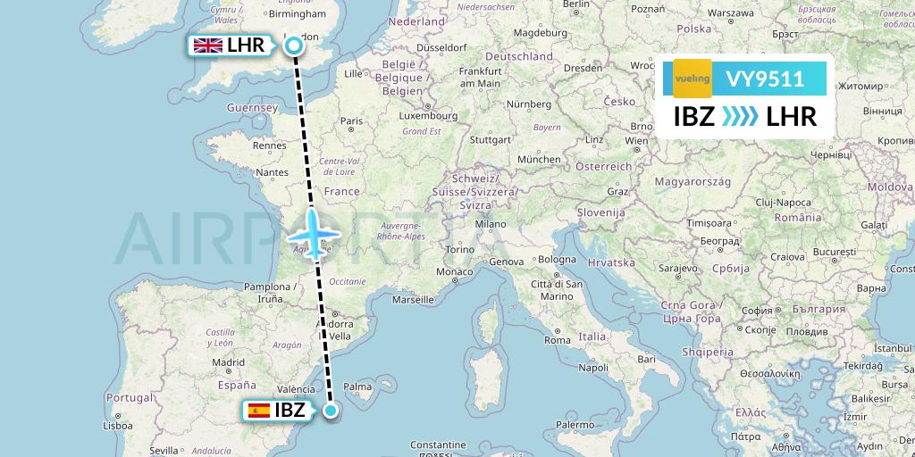 VY9511 Vueling Flight Map: Ibiza to London
