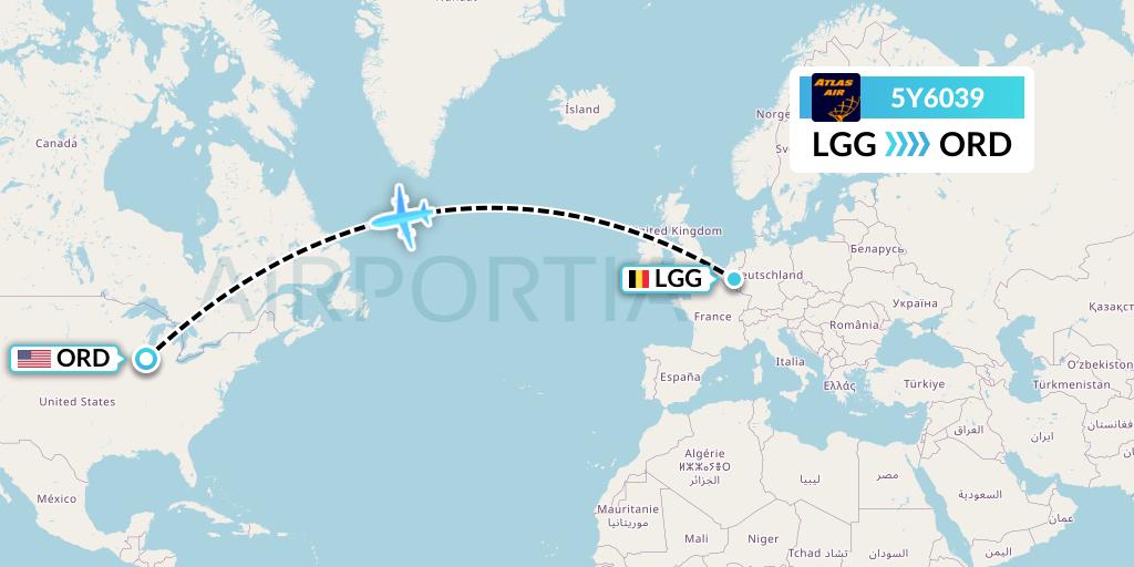 5Y6039 Atlas Air Flight Map: Liege to Chicago