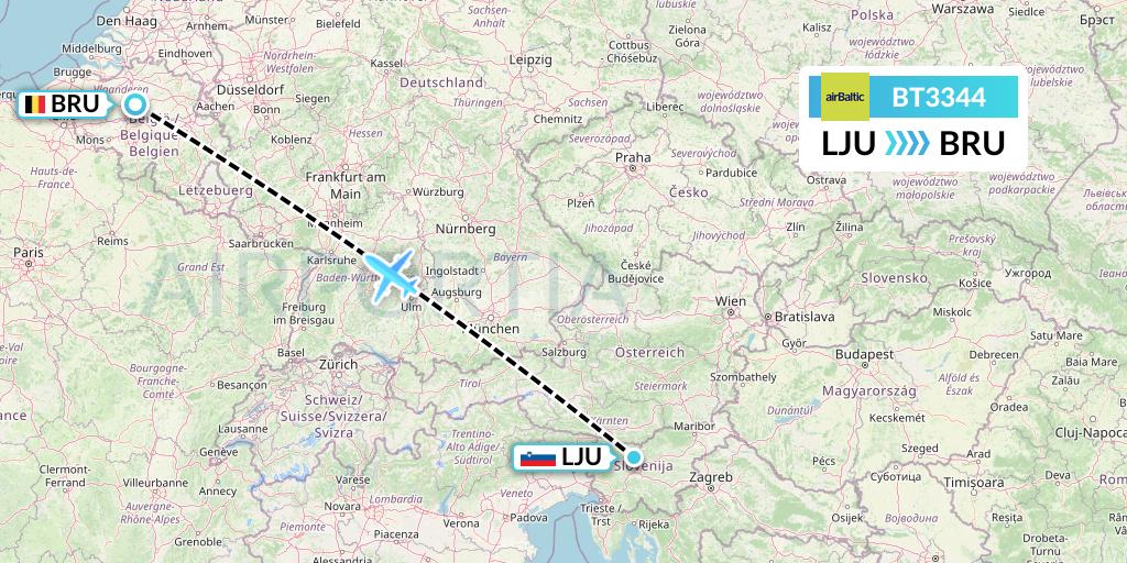 BT3344 Air Baltic Flight Map: Ljubljana to Brussels