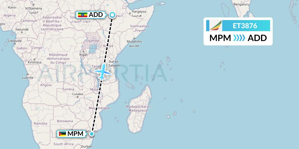 ET3876 Ethiopian Airlines Flight Map: Maputo to Addis Ababa