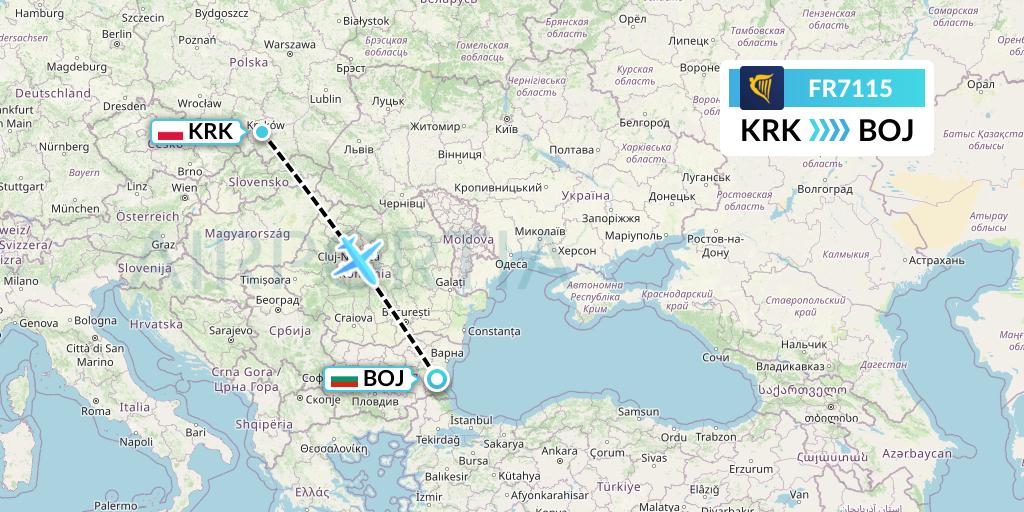 FR7115 Ryanair Flight Map: Krakow to Burgas