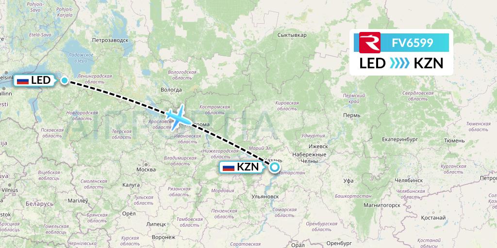 FV6599 Rossiya Flight Map: St. Petersburg to Kazan