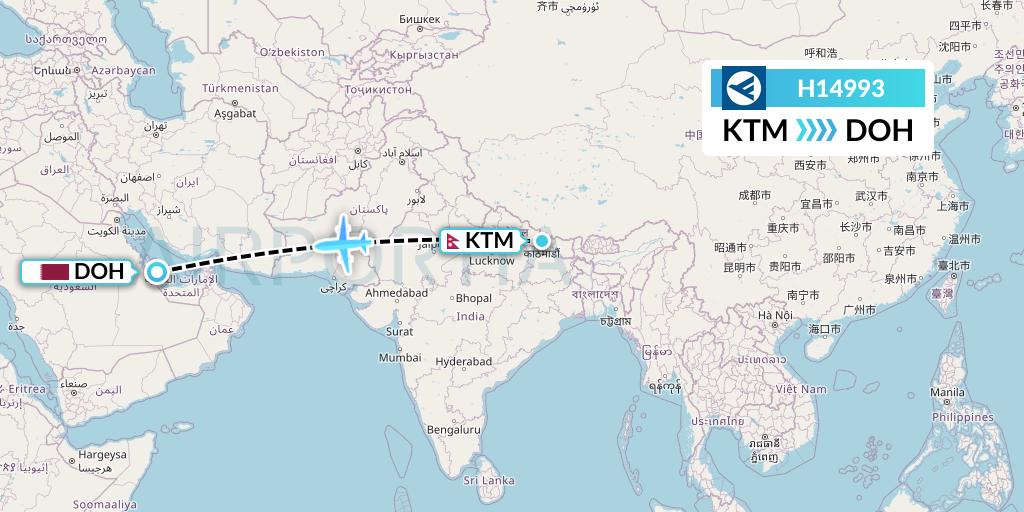 H14993 Hahn Air Systems Flight Map: Kathmandu to Doha