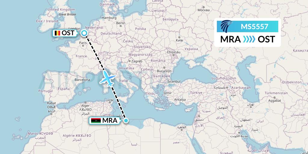 MS5557 EgyptAir Flight Map: Misrata to Ostend