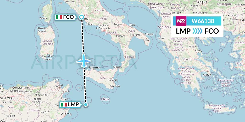 W66138 Wizz Air Flight Map: Lampedusa to Rome