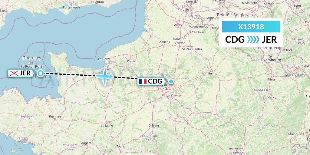 X13918 Nik Airways Flight Map: Paris to Jersey