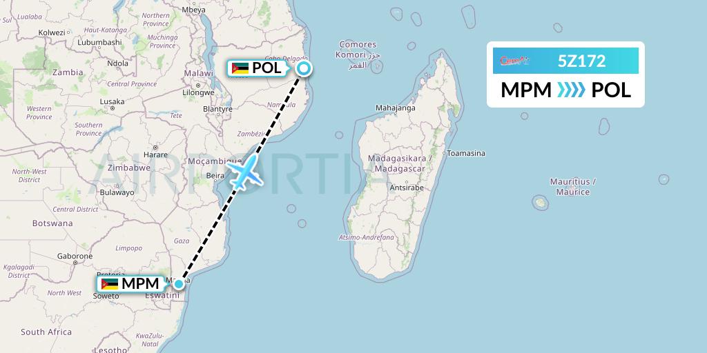 5Z172 CemAir Flight Map: Maputo to Pemba