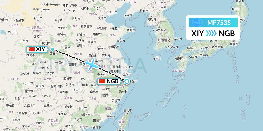 MF7535 Xiamen Airlines Flight Map: Xi'an to Ningbo