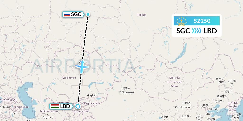SZ250 Somon Air Flight Map: Surgut to Khudzhand